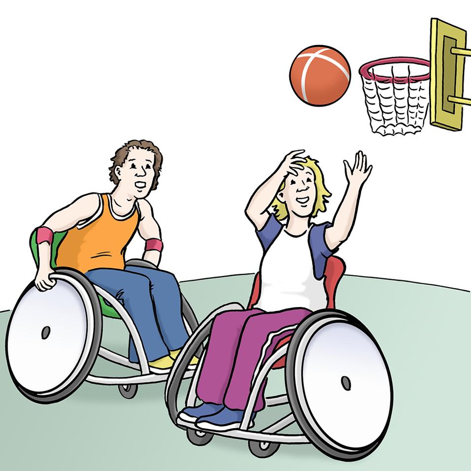 Zwei Menschen im Rollstuhl spielen Basketball, w&auml;hrend der Ball auf den Korb geworfen wird.