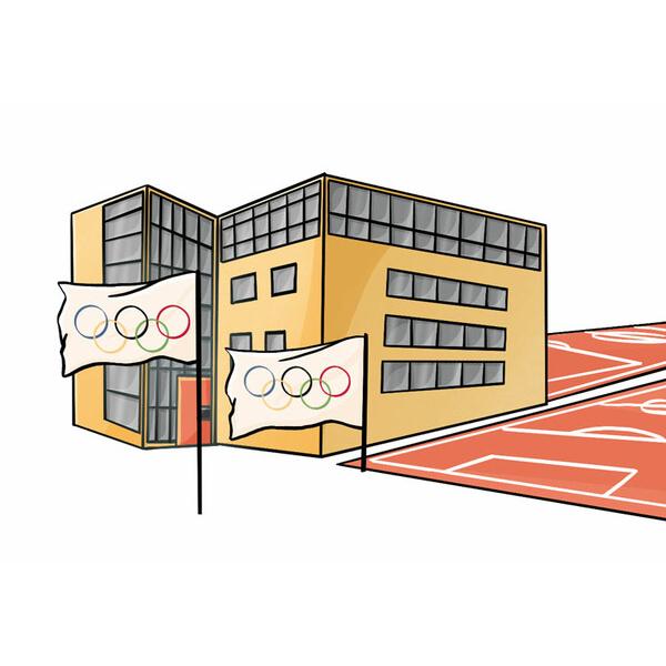 Modernes Geb&auml;ude mit gro&szlig;en Fenstern und Olympiagel&auml;ndern vor einem Sportplatz in einer urbanen Umgebung.
