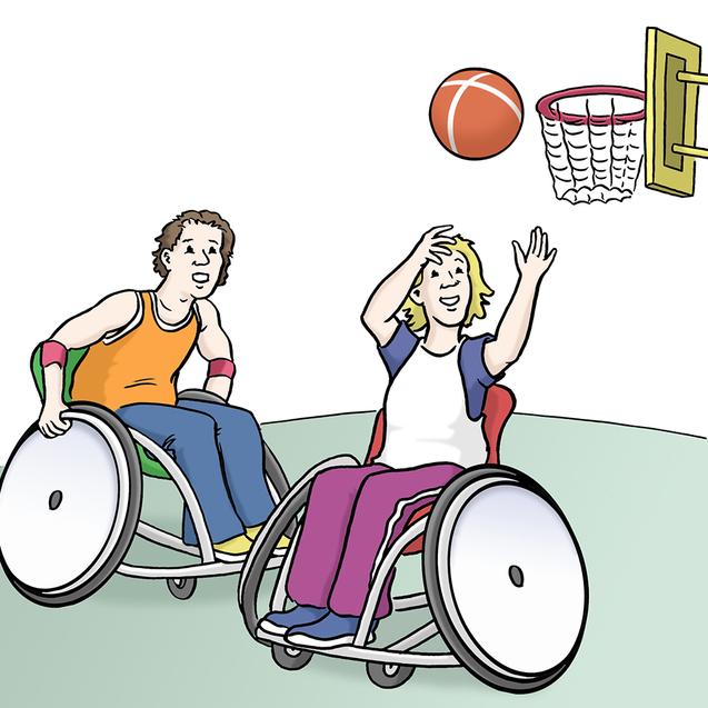 Zwei Menschen im Rollstuhl spielen Basketball, w&auml;hrend der Ball auf den Korb geworfen wird.