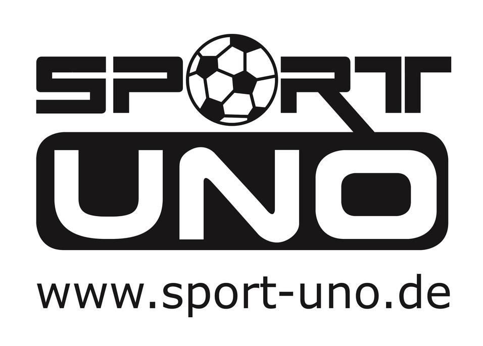 Logo von Sport UNO mit einem Fu&szlig;ball und der Webseite www.sport-uno.de. Schwarz-wei&szlig;es Design.